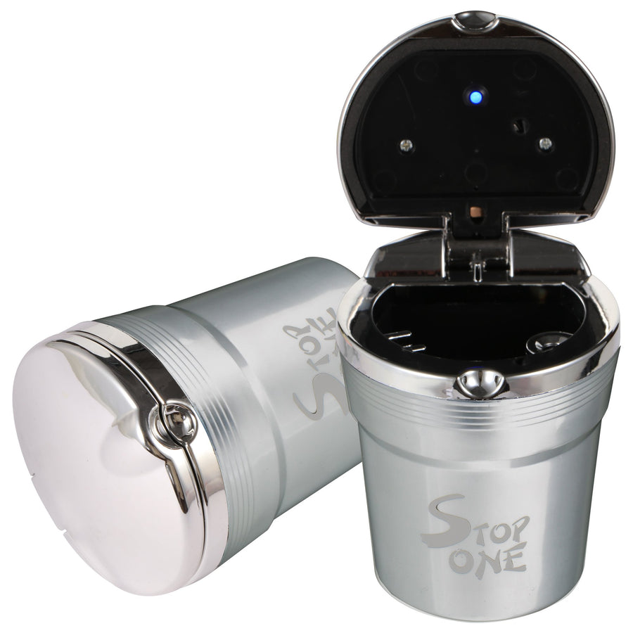 STOP ONE Car Ashtray, Portable Ashtray, CA-511 Auto Ash Tray with Lid and Led, Silver