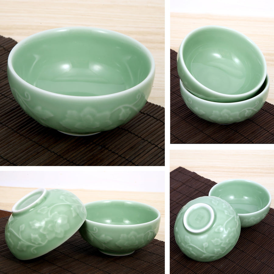 Celadon Bowl w/ Peony Pattern, Green Valley High-Quality Luxury Kitchen 4.5" Rice Bowl, Plum Green, Pack of 6