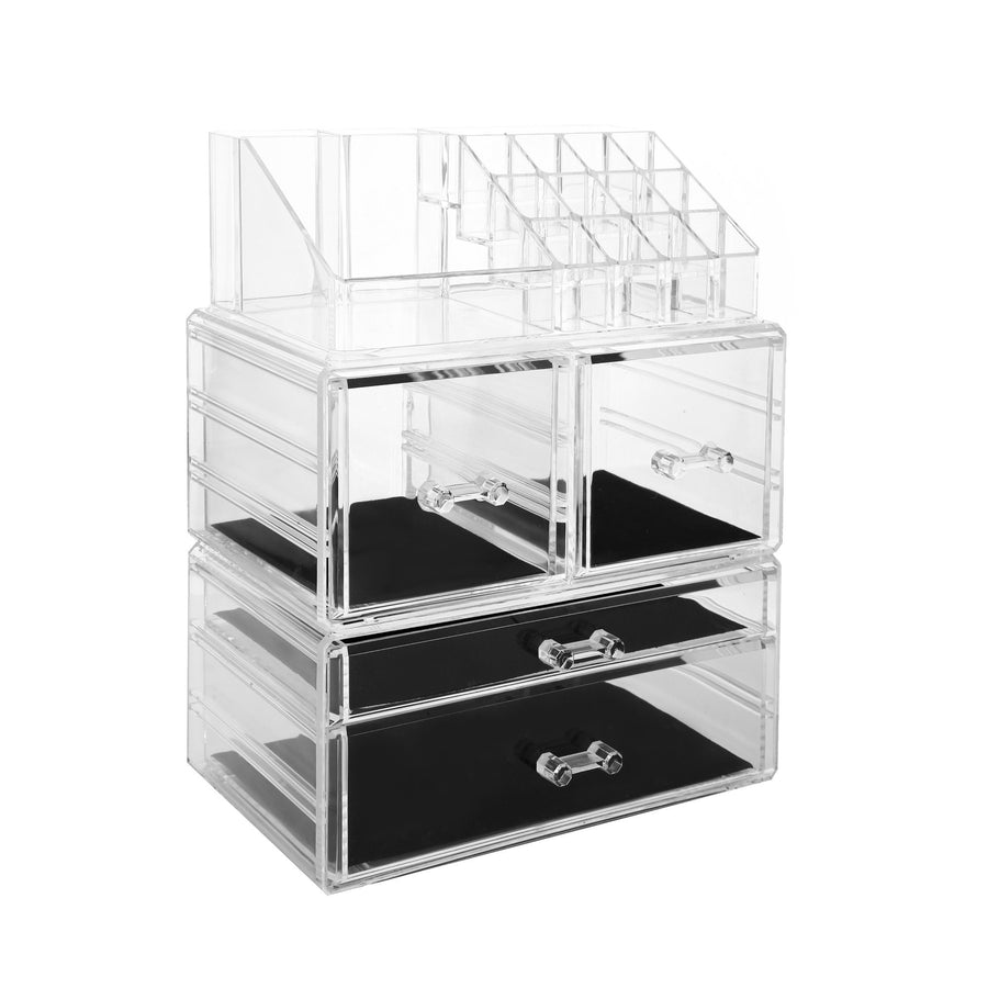 Cosmetic Storage Organizer, Makeup Case, ROSELIFE [TAB] 3 Pieces Kit Jewelry Display, 4 Drawers, 16 Slots, Detachable, Clear