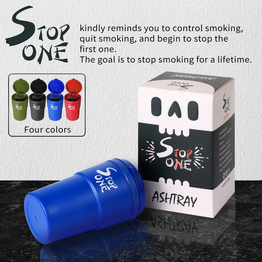 STOP ONE Car Ashtray, Portable Ashtray, CA-101 Large Auto Ash Tray with Lid and Led, Blue