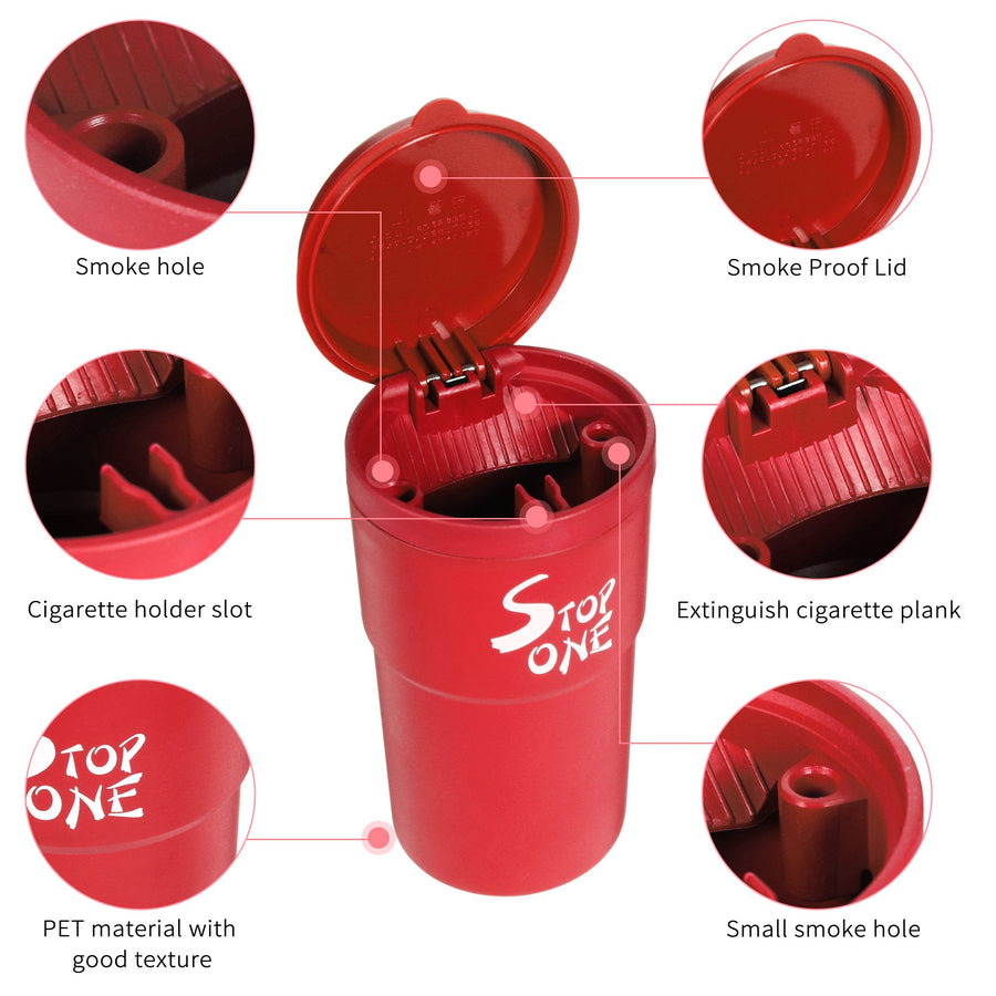 STOP ONE Car Ashtray, Portable Ashtray, CA-101 Large Auto Ash Tray with Lid and Led, Red