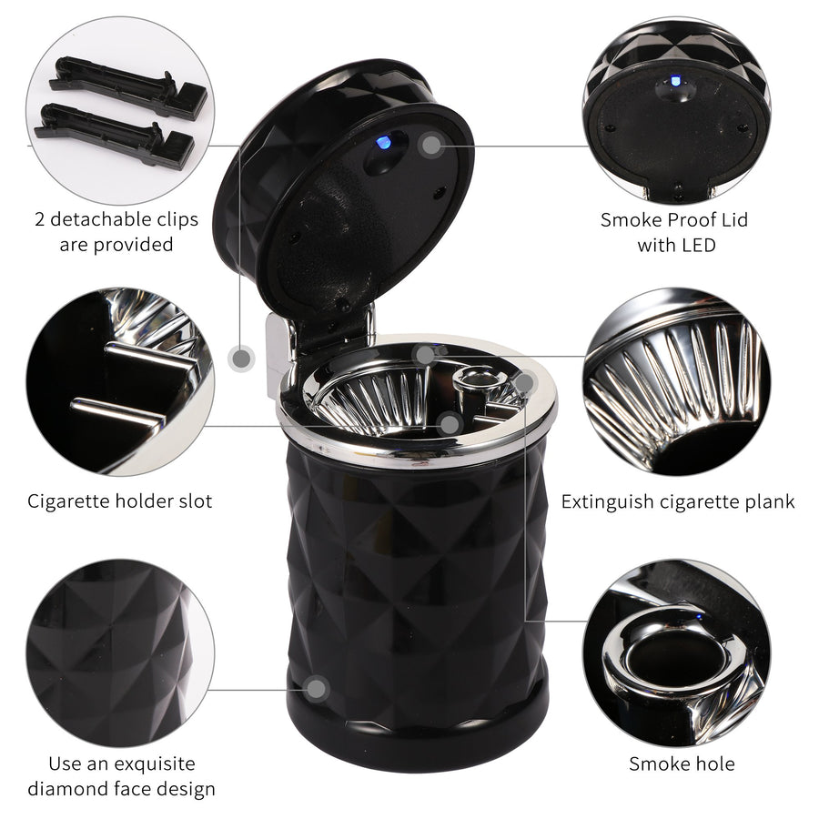STOP ONE Car Ashtray, Portable Ashtray, CA-421 Auto Ash Tray with Lid and Led, Black