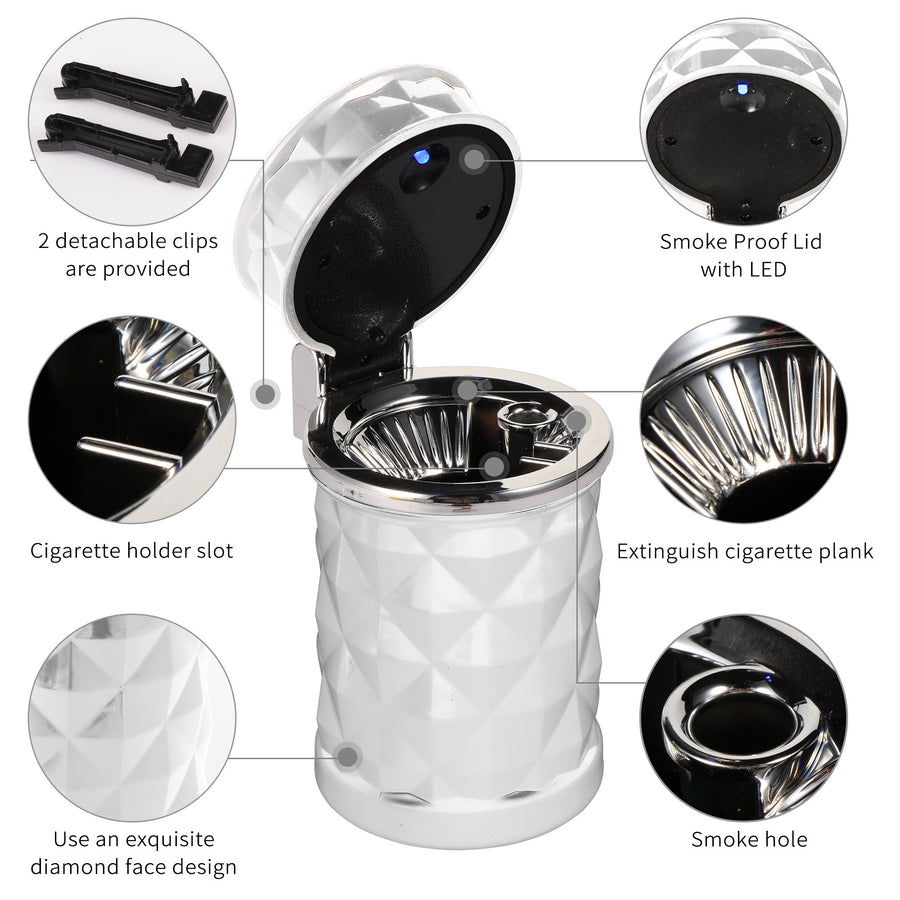 STOP ONE Car Ashtray, Portable Ashtray, CA-421 Auto Ash Tray with Lid and Led, White