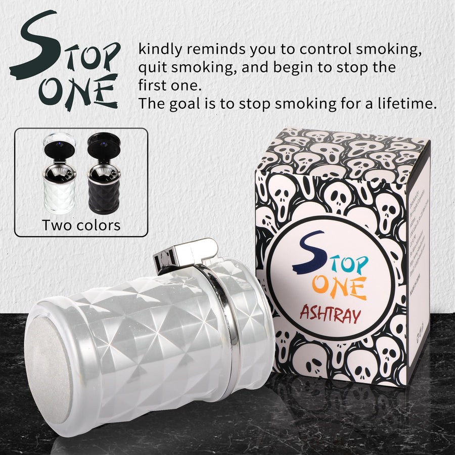 STOP ONE Car Ashtray, Portable Ashtray, CA-421 Auto Ash Tray with Lid and Led, White