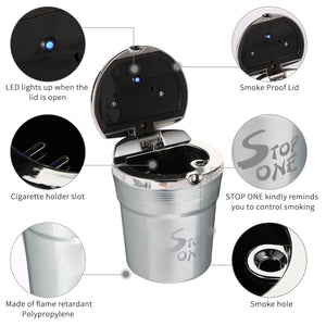 STOP ONE Car Ashtray, Portable Ashtray, CA-511 Auto Ash Tray with Lid and Led, Silver
