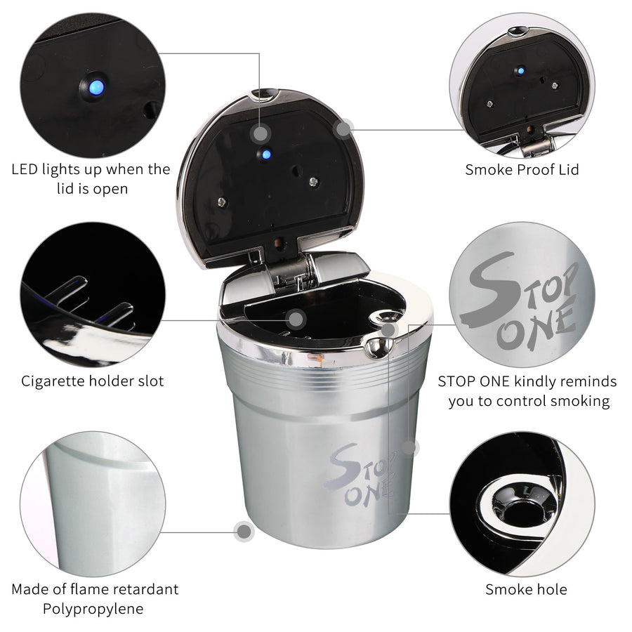 STOP ONE Car Ashtray, Portable Ashtray, CA-511 Auto Ash Tray with Lid and Led, Silver