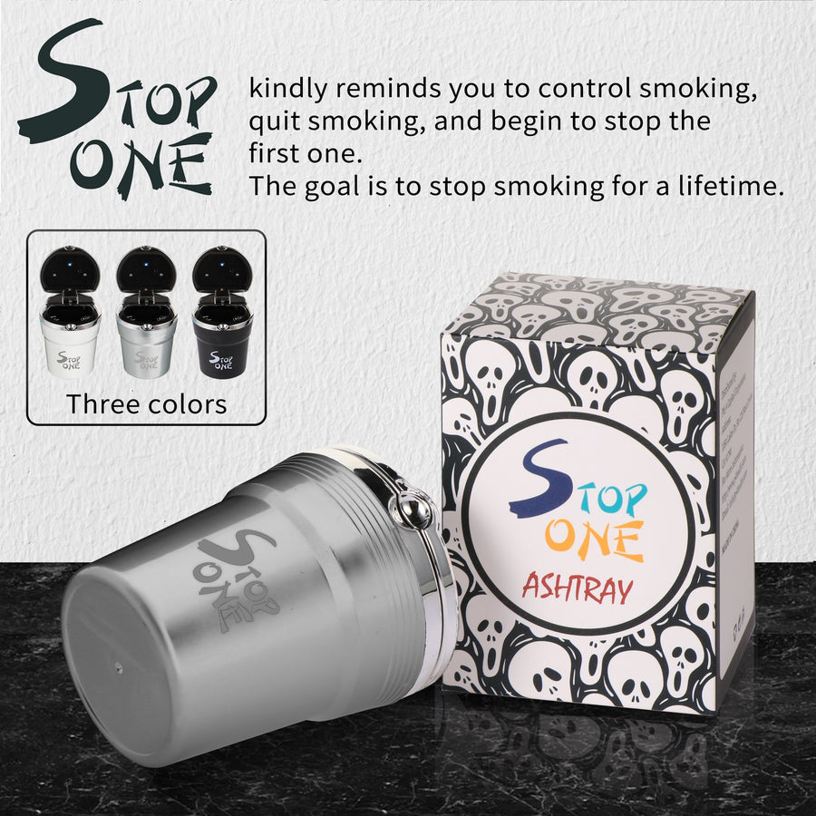 STOP ONE Car Ashtray, Portable Ashtray, CA-511 Auto Ash Tray with Lid and Led, Silver