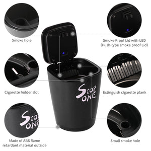 STOP ONE Car Ashtray, Portable Ashtray, CA-521 Auto Ash Tray with Lid and Led, Black
