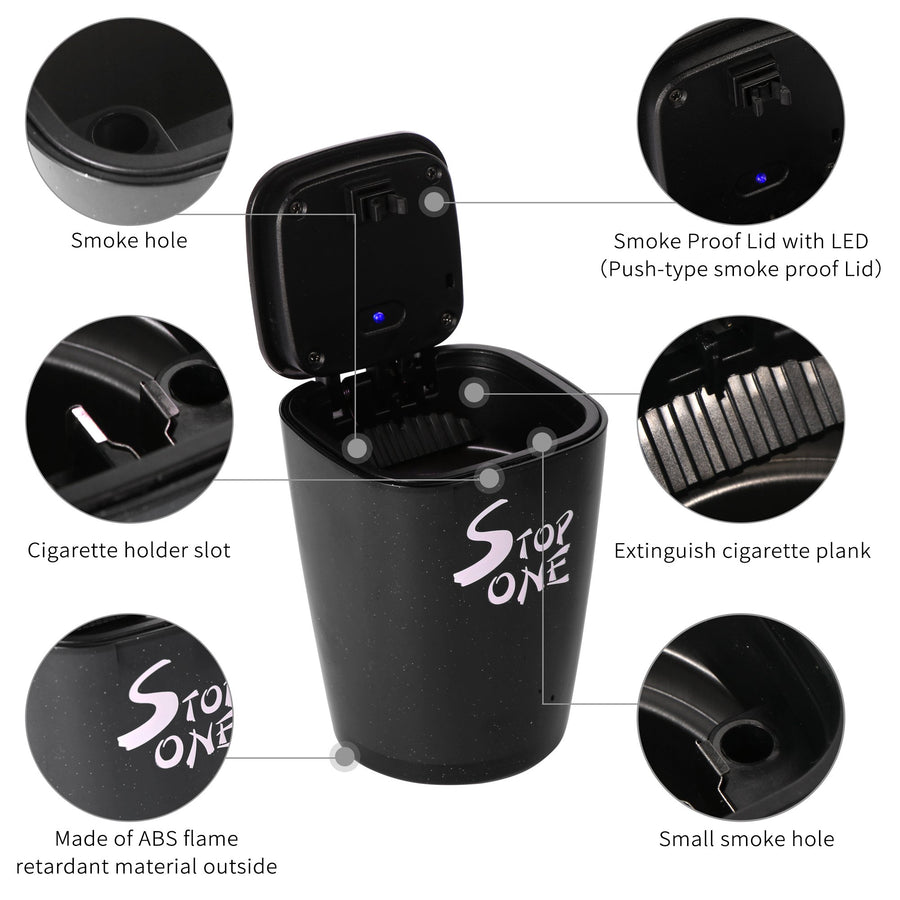 STOP ONE Car Ashtray, Portable Ashtray, CA-521 Auto Ash Tray with Lid and Led, Black