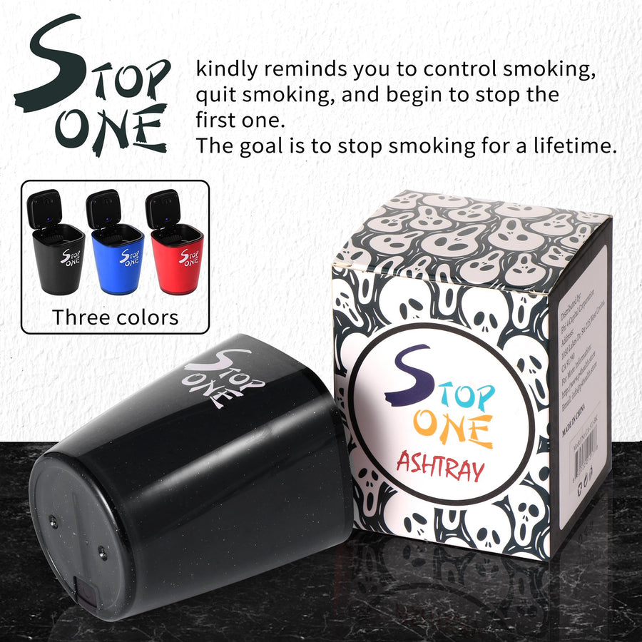 STOP ONE Car Ashtray, Portable Ashtray, CA-521 Auto Ash Tray with Lid and Led, Black