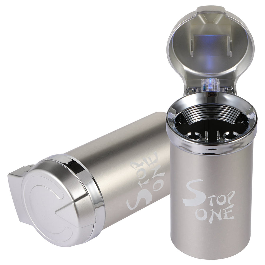 STOP ONE Car Ashtray, Portable Ashtray, CA-541 Auto Ash Tray with Lid and Led, Silver