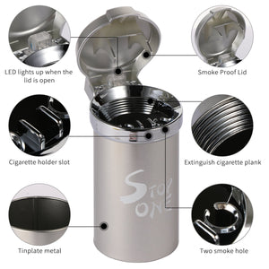 STOP ONE Car Ashtray, Portable Ashtray, CA-541 Auto Ash Tray with Lid and Led, Silver