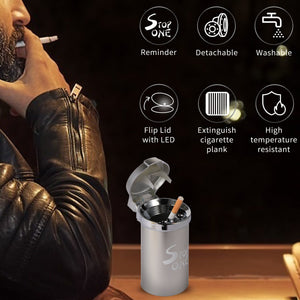 STOP ONE Car Ashtray, Portable Ashtray, CA-541 Auto Ash Tray with Lid and Led, Silver