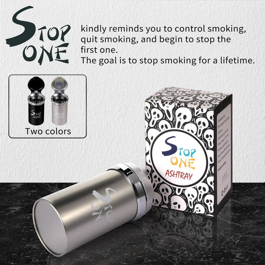 STOP ONE Car Ashtray, Portable Ashtray, CA-541 Auto Ash Tray with Lid and Led, Silver