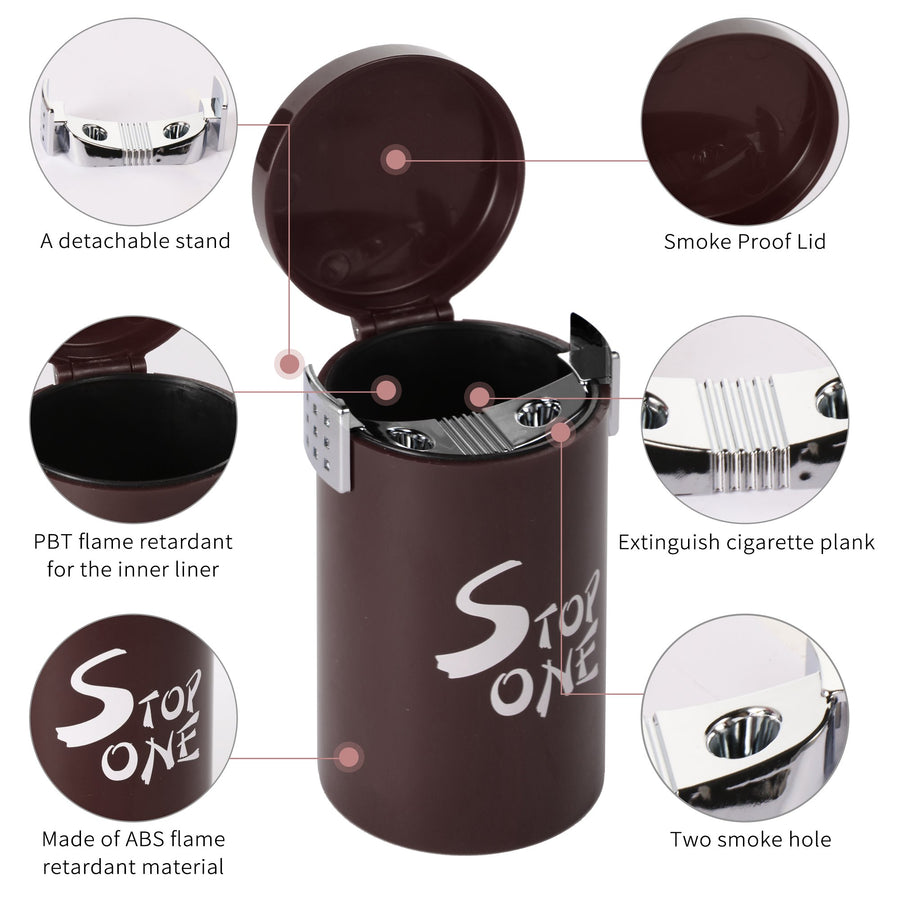 STOP ONE Car Ashtray, Portable Ashtray, CA-561 Auto Ash Tray with Lid and Led, Brown