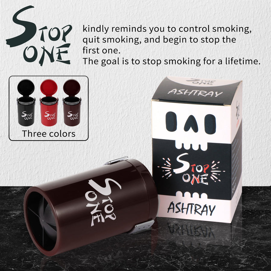 STOP ONE Car Ashtray, Portable Ashtray, CA-561 Auto Ash Tray with Lid and Led, Brown