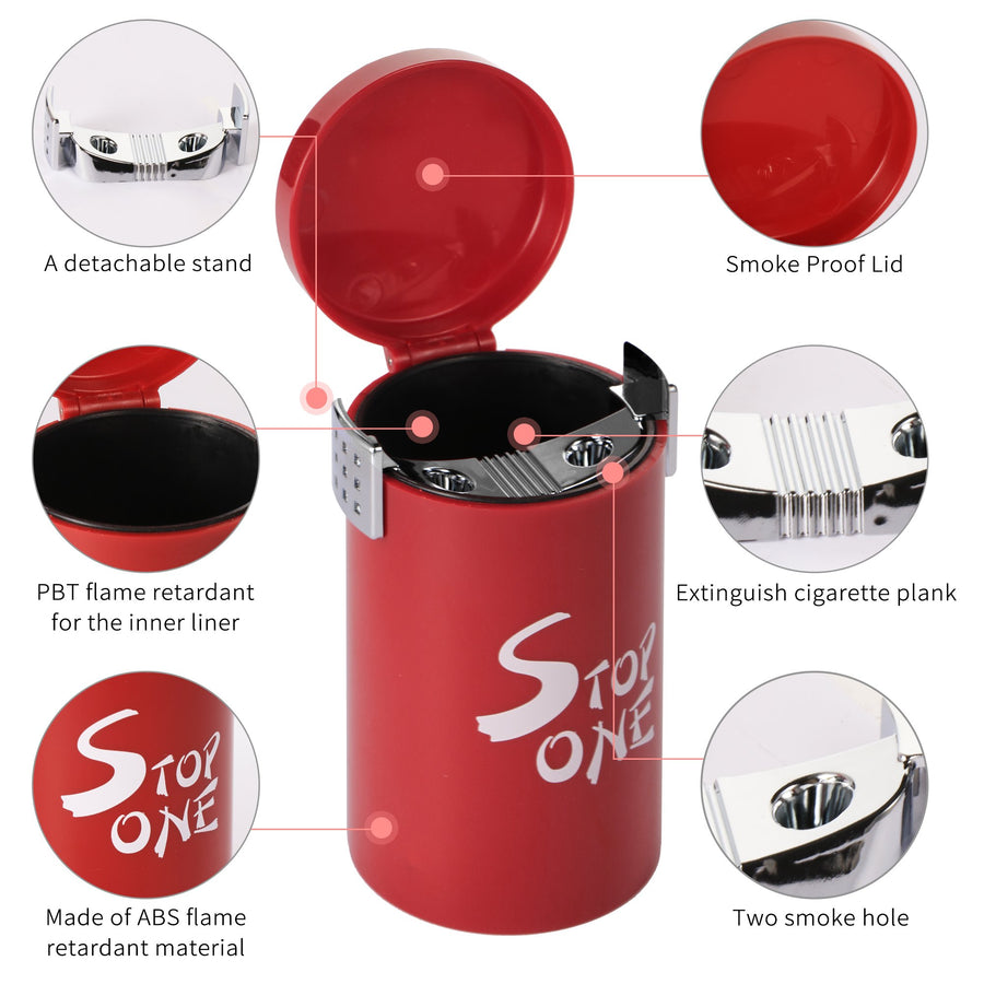 STOP ONE Car Ashtray, Portable Ashtray, CA-561 Auto Ash Tray with Lid and Led, Red