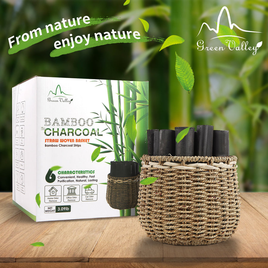 Bamboo Charcoal Strips with Straw Woven Basket, Green Valley Air Purification Activated Carbon