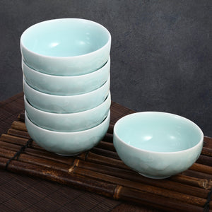 Celadon Bowl w/ Peony Pattern, Green Valley High-Quality Luxury Kitchen 4.5" Rice Bowl, Light Greenish Blue, Pack of 6