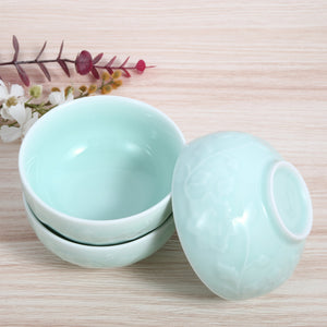 Celadon Bowl w/ Peony Pattern, Green Valley High-Quality Luxury Kitchen 4.5" Rice Bowl, Light Greenish Blue, Pack of 6