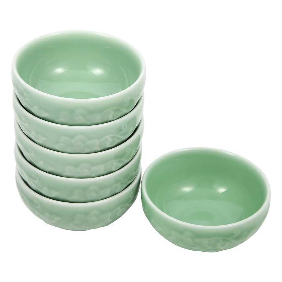 Celadon Bowl w/ Peony Pattern, Green Valley High-Quality Luxury Kitchen 4.5" Rice Bowl, Plum Green, Pack of 6