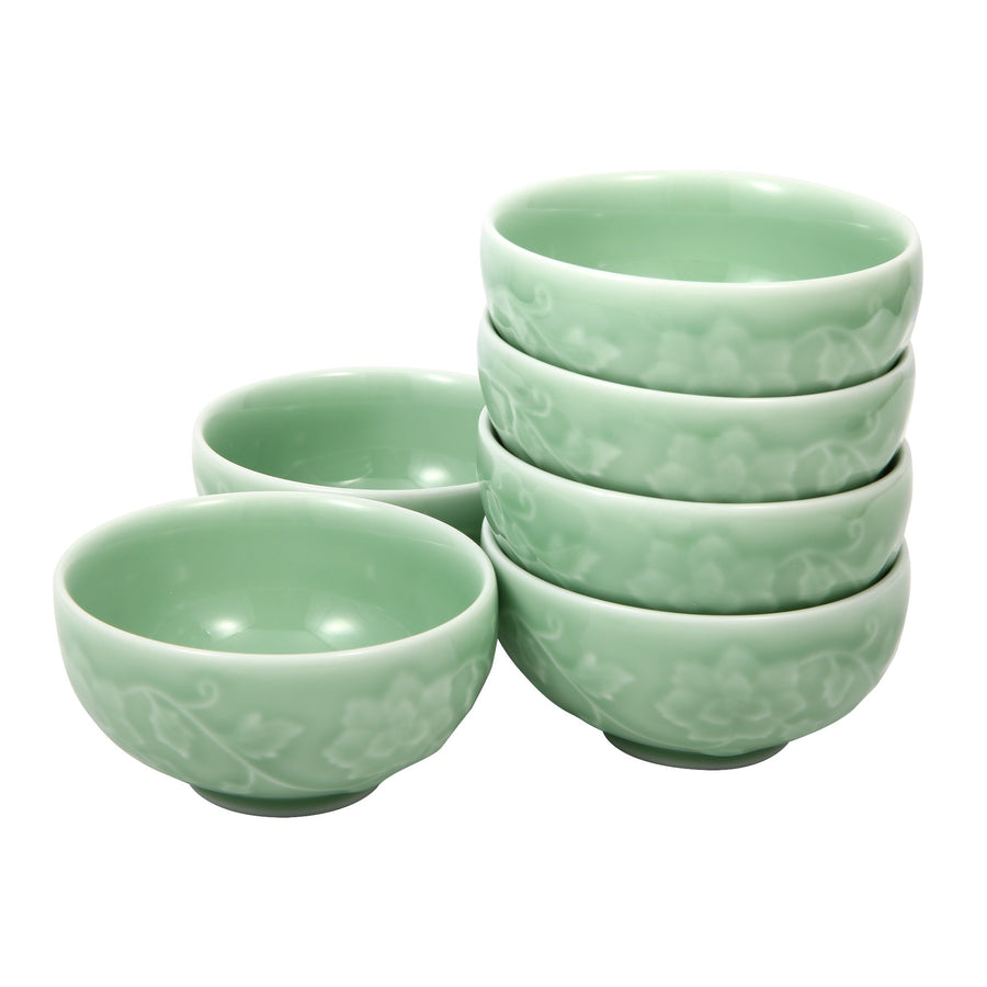 Celadon Bowl w/ Peony Pattern, Green Valley High-Quality Luxury Kitchen 4.5" Rice Bowl, Plum Green, Pack of 6