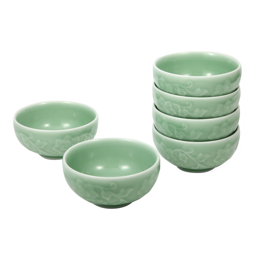 Celadon Bowl w/ Peony Pattern, Green Valley High-Quality Luxury Kitchen 4.5" Rice Bowl, Plum Green, Pack of 6