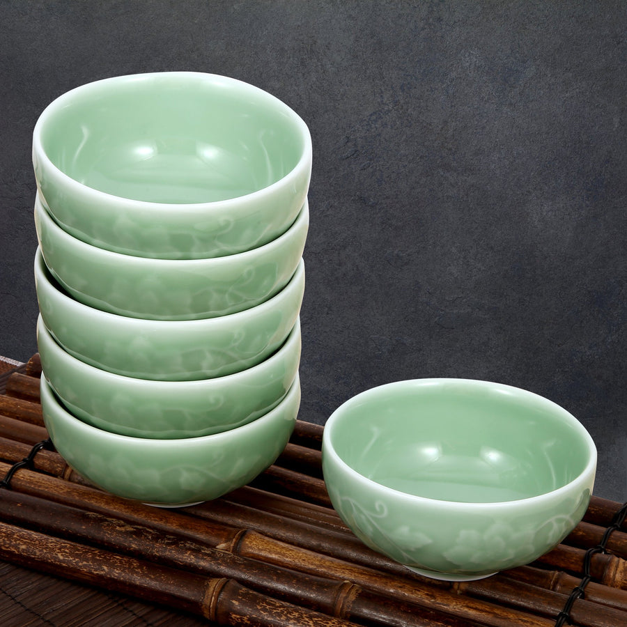 Celadon Bowl w/ Peony Pattern, Green Valley High-Quality Luxury Kitchen 4.5" Rice Bowl, Plum Green, Pack of 6