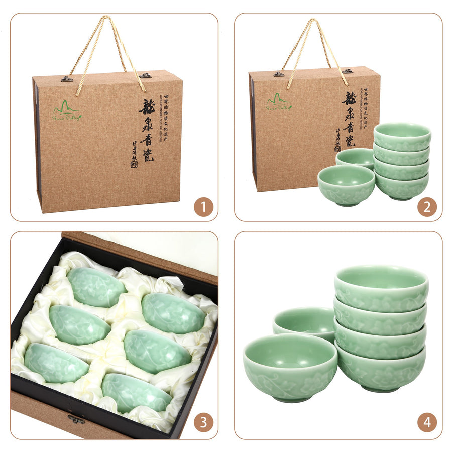 Celadon Bowl w/ Peony Pattern, Green Valley High-Quality Luxury Kitchen 4.5" Rice Bowl, Plum Green, Pack of 6