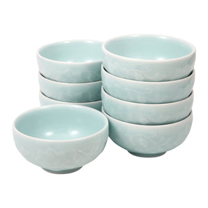 Celadon Bowl w/ Peony Pattern, Green Valley High-Quality Luxury Kitchen 4.5" Rice Bowl, Light Greenish Blue, Pack of 8