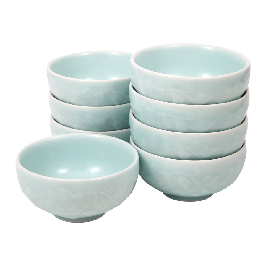 Celadon Bowl w/ Peony Pattern, Green Valley High-Quality Luxury Kitchen 4.5" Rice Bowl, Light Greenish Blue, Pack of 8