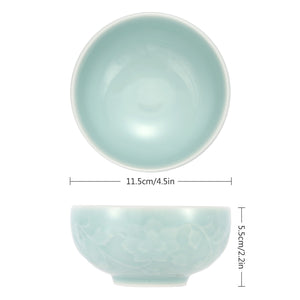 Celadon Bowl w/ Peony Pattern, Green Valley High-Quality Luxury Kitchen 4.5" Rice Bowl, Light Greenish Blue, Pack of 8