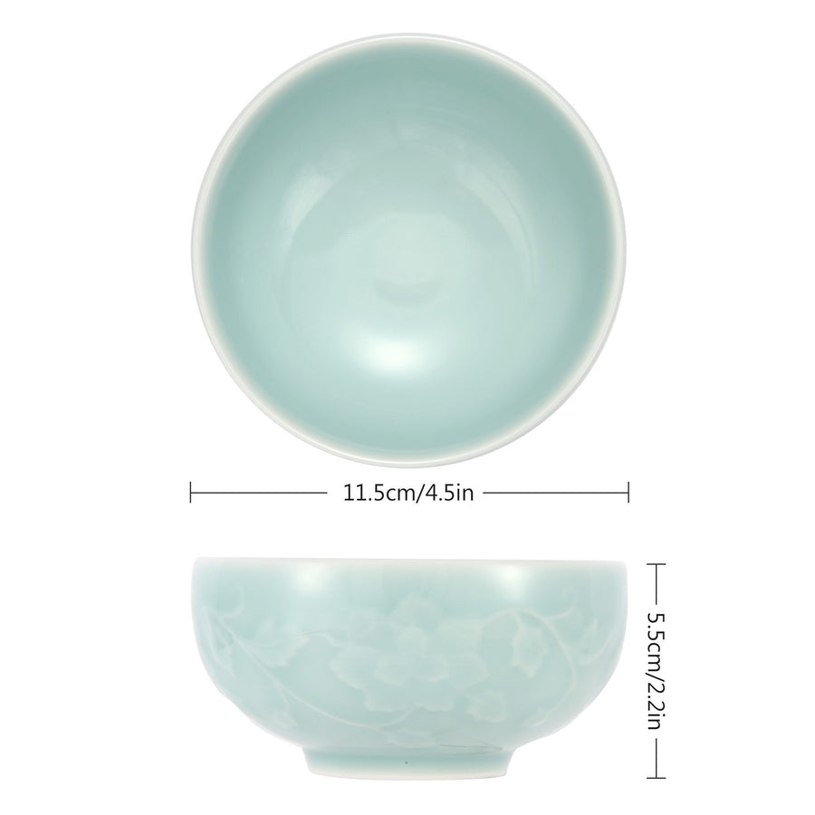 Celadon Bowl w/ Peony Pattern, Green Valley High-Quality Luxury Kitchen 4.5" Rice Bowl, Light Greenish Blue, Pack of 8
