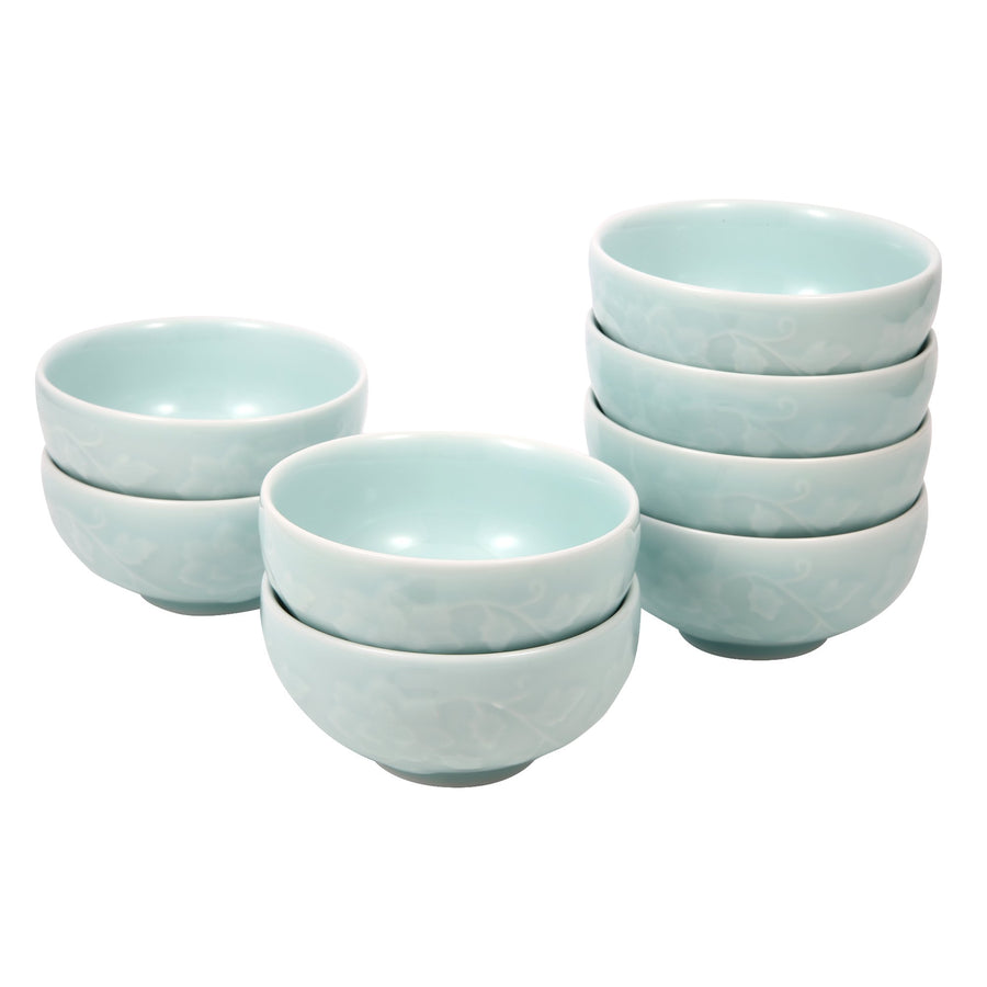 Celadon Bowl w/ Peony Pattern, Green Valley High-Quality Luxury Kitchen 4.5" Rice Bowl, Light Greenish Blue, Pack of 8