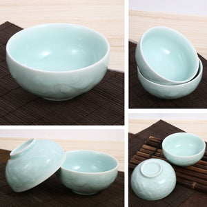 Celadon Bowl w/ Peony Pattern, Green Valley High-Quality Luxury Kitchen 4.5" Rice Bowl, Light Greenish Blue, Pack of 8