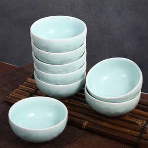 Celadon Bowl w/ Peony Pattern, Green Valley High-Quality Luxury Kitchen 4.5" Rice Bowl, Light Greenish Blue, Pack of 8