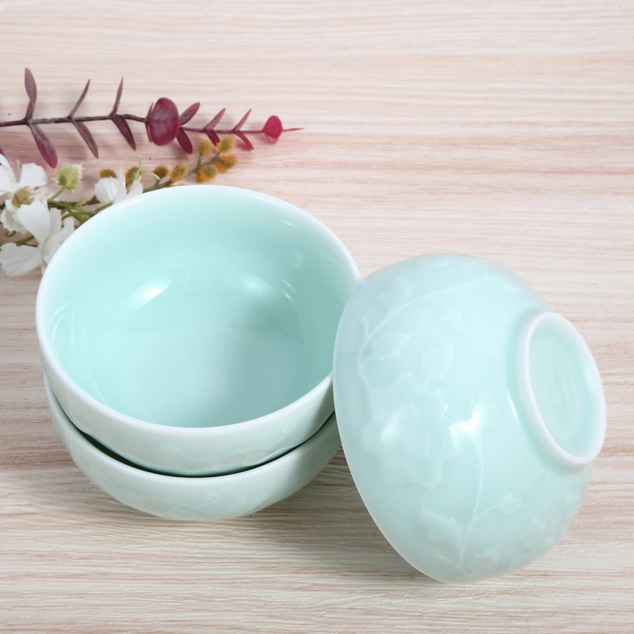 Celadon Bowl w/ Peony Pattern, Green Valley High-Quality Luxury Kitchen 4.5" Rice Bowl, Light Greenish Blue, Pack of 8