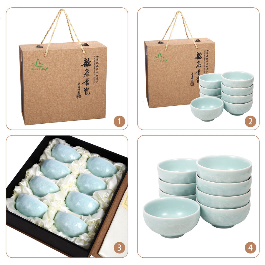 Celadon Bowl w/ Peony Pattern, Green Valley High-Quality Luxury Kitchen 4.5" Rice Bowl, Light Greenish Blue, Pack of 8