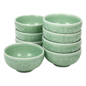 Celadon Bowl w/ Peony Pattern, Green Valley High-Quality Luxury Kitchen 4.5" Rice Bowl, Plum Green, Pack of 8