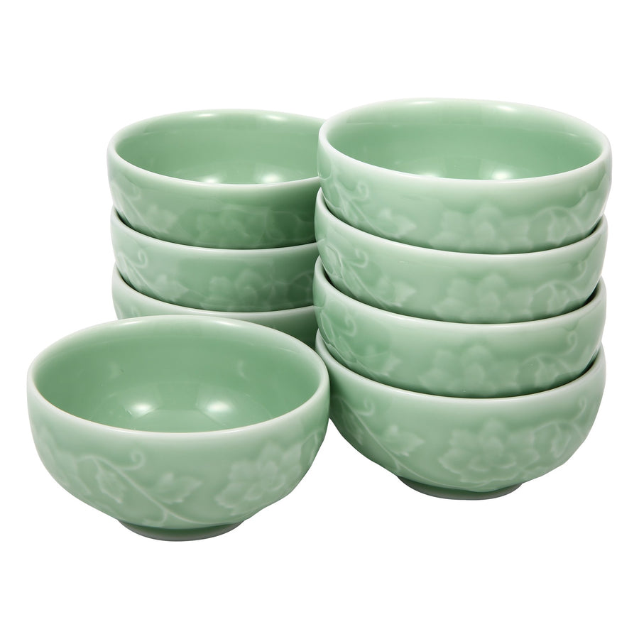 Celadon Bowl w/ Peony Pattern, Green Valley High-Quality Luxury Kitchen 4.5" Rice Bowl, Plum Green, Pack of 8