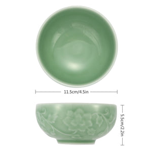 Celadon Bowl w/ Peony Pattern, Green Valley High-Quality Luxury Kitchen 4.5" Rice Bowl, Plum Green, Pack of 8