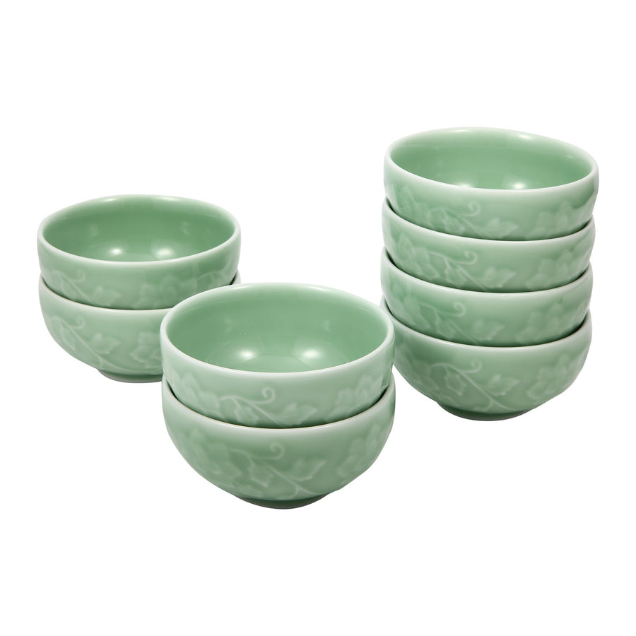 Celadon Bowl w/ Peony Pattern, Green Valley High-Quality Luxury Kitchen 4.5" Rice Bowl, Plum Green, Pack of 8