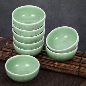 Celadon Bowl w/ Peony Pattern, Green Valley High-Quality Luxury Kitchen 4.5" Rice Bowl, Plum Green, Pack of 8