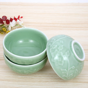 Celadon Bowl w/ Peony Pattern, Green Valley High-Quality Luxury Kitchen 4.5" Rice Bowl, Plum Green, Pack of 8