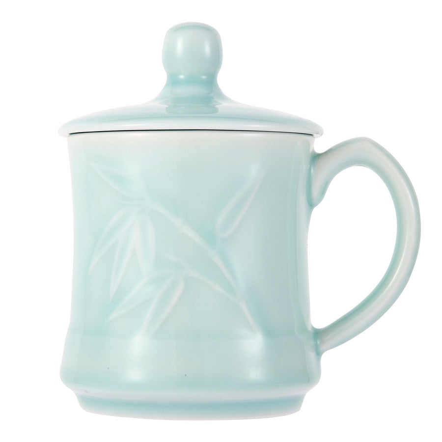 Celadon Teacup, Green Valley Luxury Bamboo Leaf Pattern Celadon Cup with Lid, 13oz, Light Greenish Blue