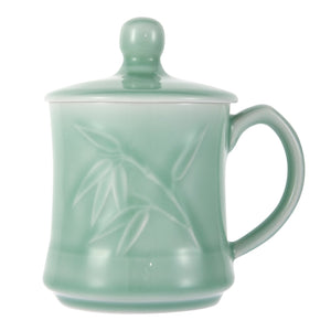 Celadon Teacup, Green Valley Luxury Bamboo Leaf Pattern Celadon Cup with Lid, 13oz, Plum Green