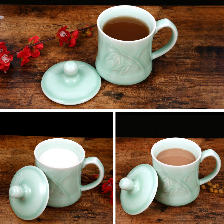 Celadon Teacup, Green Valley Luxury Bamboo Leaf Pattern Celadon Cup with Lid, 13oz, Plum Green