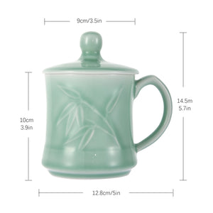 Celadon Teacup, Green Valley Luxury Bamboo Leaf Pattern Celadon Cup with Lid, 13oz, Plum Green