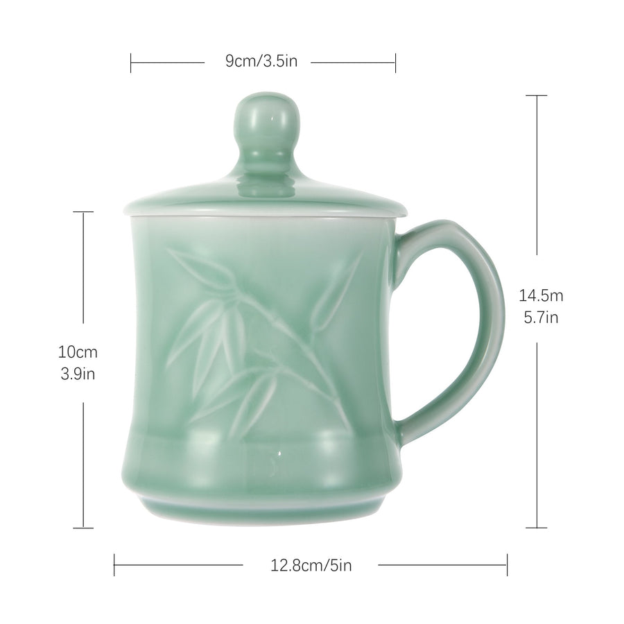 Celadon Teacup, Green Valley Luxury Bamboo Leaf Pattern Celadon Cup with Lid, 13oz, Plum Green