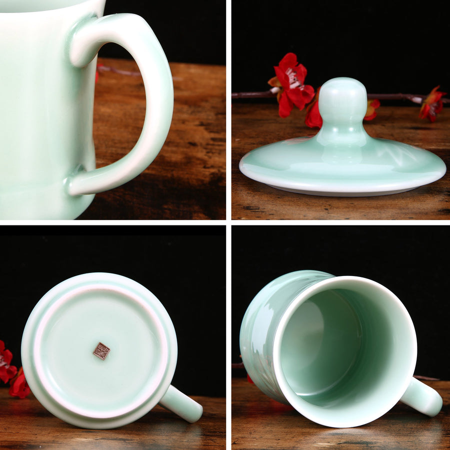 Celadon Teacup, Green Valley Luxury Bamboo Leaf Pattern Celadon Cup with Lid, 13oz, Plum Green